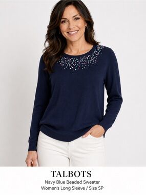 Talbots Navy Blue Beaded Sweater Women's Long Sleeve/size SP